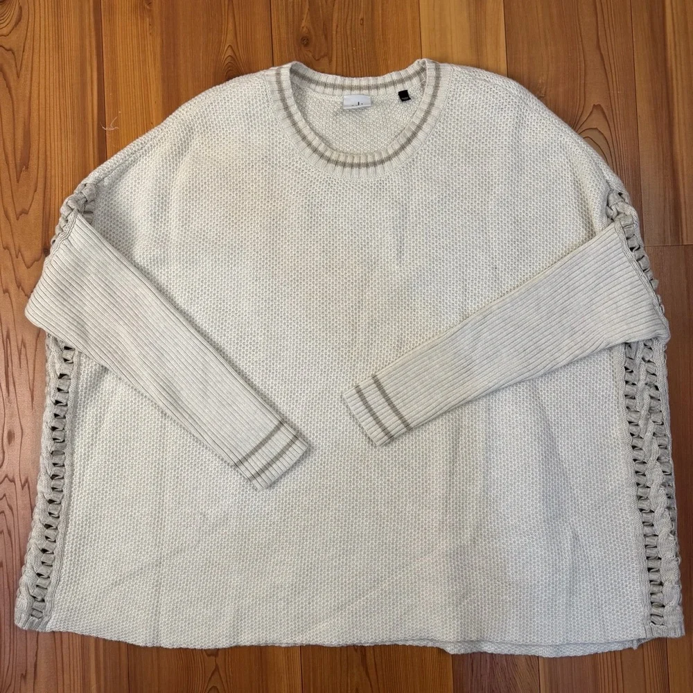 Cabi Slip Stitch Oversized Poncho Sweater Cream Open-Side Braided Ribbed Knit